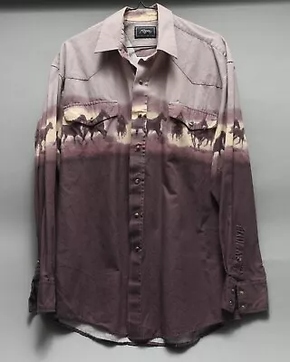 Vintage Roper Western Pearl Snap Button Cowboy Sunset Horses Shirt Men's XL • $50.98