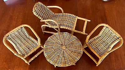 Vintage 2-Tone Wicker Cane Doll Furniture - 4 Piece Setting Lounger Table Chairs • $65