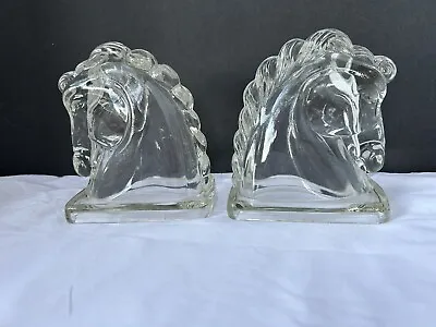 Federal Glass Clear Horse Head Bookends Art Deco Mid Century 5.5  H • $19.99