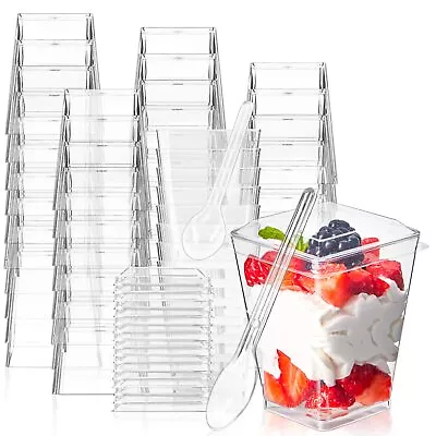 50 Pack 5 Oz Mini Dessert Cups With Lids And Spoons Square Clear Plastic Des... • $24.60