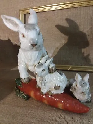 Vintage Large 12  Majolica Ceramic Spotted Rabbits Atop Carrots EUC • $132