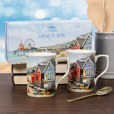 Sandy Bay Set Of 2 Fine China Mugs Beach Seaside Nautical Gift Boxed • £13.99