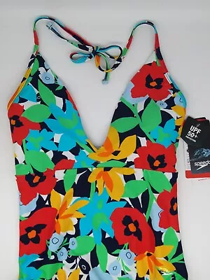 Speedo Women's Size 4 One Piece V-Neck Halter Ibiza Blue Floral Bathing Suit • $22.95