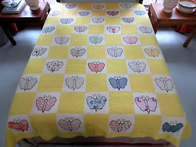 QUEEN Vintage 45 Different Feed Sacks Hand Stitched Applique BUTTERFLY Quilt • $36