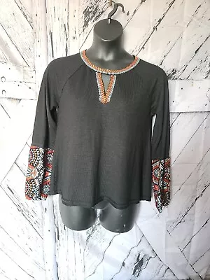 Miss Me Black W/colorful Trim & Sleeves Top Shirt Womens Size Large Embroidered • $16.99