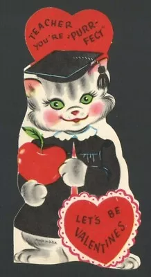 Vintage Valentine's Card Graduate Cap & Gown Kitten Cat You're PURR-FECT Teacher • $5.50