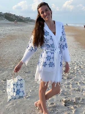 Turkish Bathrobe Set - Cotton Bamboo Robe & Tote Beach Robe Spa Set Size S • $33.29