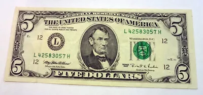 1995 $5 Five Dollar Bill L San Francisco Small Sized Lincoln FRN Circulated • $13.95