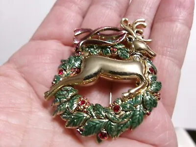 Vtg Monet Reindeer Christmas Wreath Brooch Red Rhinestones Hand Painted Pin • $29.95