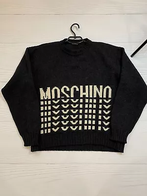 Vintage Moschino Big Logo Wool Sweater Made In Italy Small Dark Grey Color Rare • $75