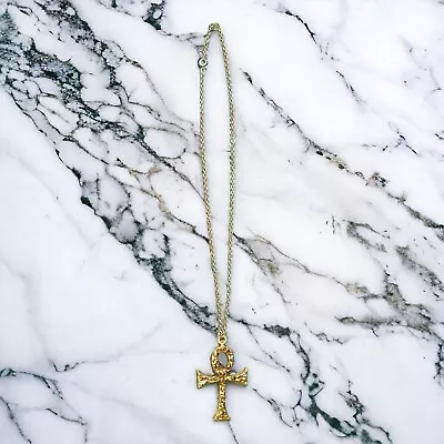 Vintage 1970's Egyptian Ankh Cross Gold Tone Metal Pendant Necklace • $22