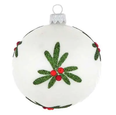 6cm WHITE SATIN MISTLETOE HOLLY BALL EUROPEAN BLOWN GLASS CHRISTMAS ORNAMENT 296 • $15.95