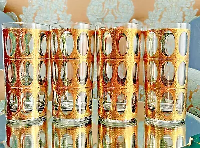 CULVER MCM  Pisa  Crackled 22k Gold Highball Glasses Hollywood Regency VTG Set/4 • $64.99