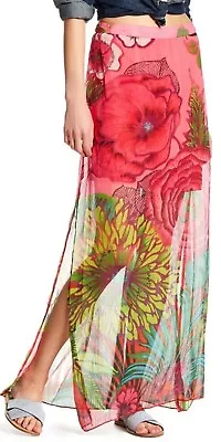 Desigual Sz 36 S/M  Fuxia Magico Brenda Maxi Long Pink Green  Floral Sheer Skirt • $20