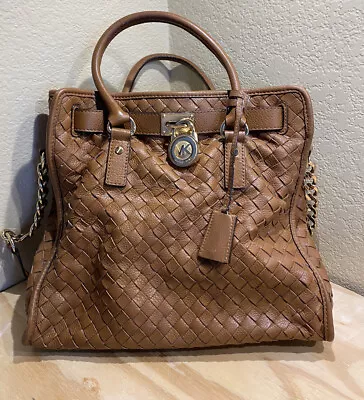 Michael Kors Hamilton Large Woven Leather Luggage Brown & Gold Tote Bag EUC • $169.99