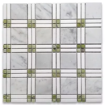 C262XP Carrara White Marble Plaid Tartan Mosaic Tile Green Thassos Polished • $35.99