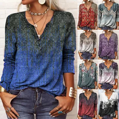 $17.66 • Buy Womens Floral Boho Long Sleeve T Shirt Blouse Casual V Neck Loose Tunic Tops Tee