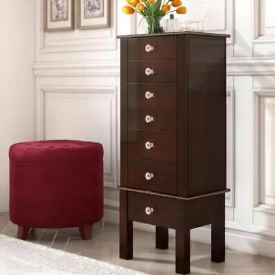Jewelry Armoire Organizer Standing Brown Wood Jewelry Box Chest With Crystal Kno • $269.91