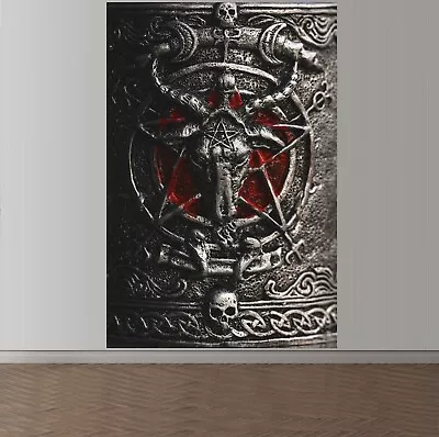 Wall Printed Fabric Red Pentagram Goat Demon Skulls Dark Punk Goth Satan Occult • $28