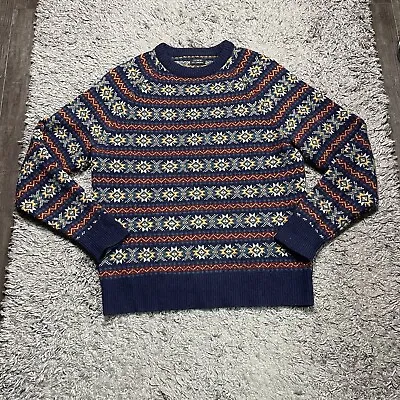 J. Crew Sweater Mens Medium Blue Lambswool Nordic Fair Isle Geometric Pullover • $29.99