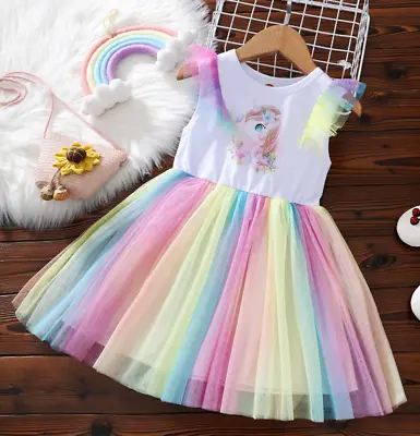 $23.39 • Buy AU Kids Girls Sleeveless Unicorn Print Rainbow Swing Dress Summer Party Dresses