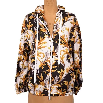 XS NEW $1050 VERSACE Woman's Black White BAROQUE WINDBREAKER Zip HOODED JACKET • $495