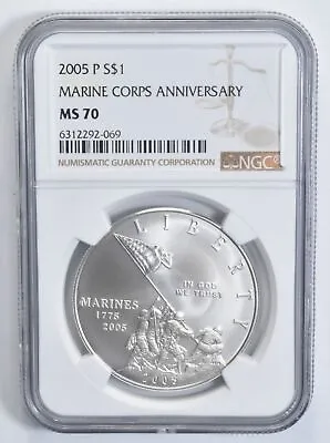 MS70 2005 P MS70 Marine Corps Commemorative Silver Dollar NGC • $149.95