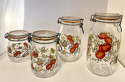 Glass Canisters Vintage ARC Arcoroc France Mushrooms Tomato Peppers Onions Set 4 • $38