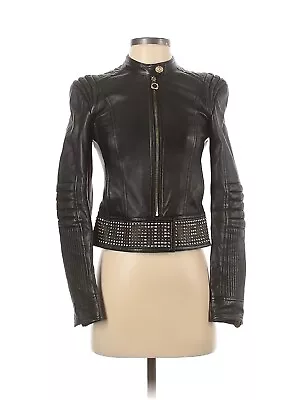 2011 VERSACE For H&M Black Leather Gold Studded Zip Up Biker Jacket - US 4 • $225