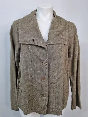 FLAX Lagenlook Linen Long Jacket Motto Funnel Pockets Button Long Sleeve SZ M ? • $29.66