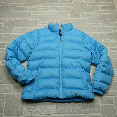 Marmot Jacket Womens Large 650 Down Fill Puffer Coat Blue Full Zip Mock Neck • $47.44