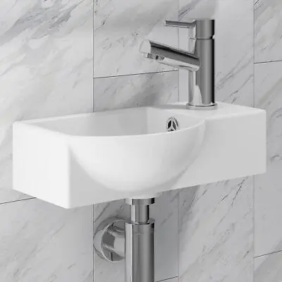 £47.95 • Buy Compact Small Square Wall Hung Cloakroom Ceramic Basin Sink 400mm Right Hand 