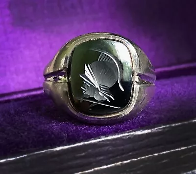 Vintage ART DECO Men’s Ring Sterling Silver HEMATITE INTAGLIO ROMAN WARRIOR Sz 9 • $124.99