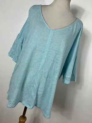 J Jill L Large Shirt Top Aqua Blue Love Linen V Neck Short Sleeve Oversized L1 • $20.40