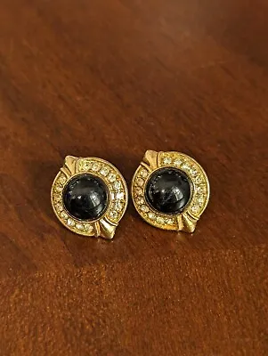 VINTAGE Signed SC Sarah Coventry Gold Tone Round Black Pearl Pierced Earrings • $15