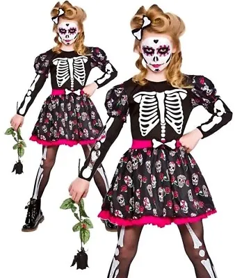 Child SKULL OF THE DEAD Sugar Day Halloween Girls Fancy Dress Costume Age 5-13 • £18.95