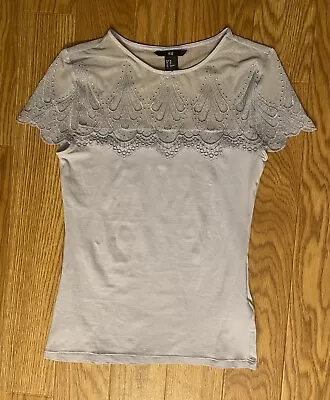 HM Women XS Light Blue Short Sleeve Lace Embroidered Cotton Top • $8.50