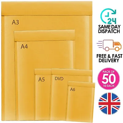 DVD A6 A5 A3 A4 Padded Bubble Envelopes Gold Mix Mailer Bags Small Large Size • £6.99