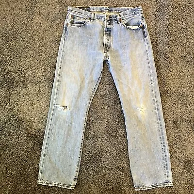 Vintage Levis 501 Distressed 90s Faded Denim Button Fly Blue Jeans 34x30 (33x28) • $60