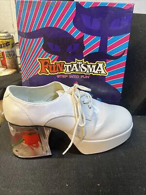 PIMP02/W Men's White Platform Disco Pimp Mac Daddy Goldfish Heel Costume Shoes • $75