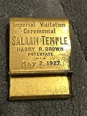 Antique Vintage-SALAAM TEMPLE- Brass Match Book Case-May 21927!!!!!!! • $29.99