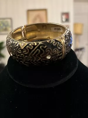Vintage Gold Tone Black Enamel Hinged Bangle Bracelet • $12