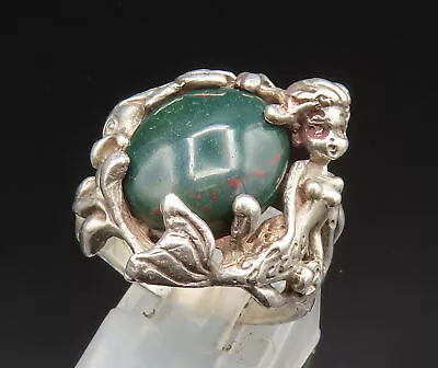 925 Silver -  Vintage Sea World Mermaid Wrapped Bloodstone Ring Sz 7.5 - RG24727 • $71.71