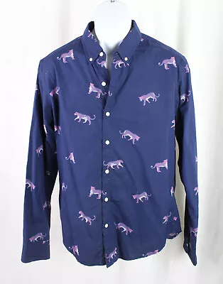 Bonobos Men's Navy Blue Pink Leopard Print 100% Cotton Button Down Shirt Large • $24.99