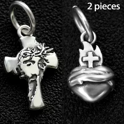 2pcs Real 925 Sterling Silver Jesus Face Sacred Heart Cross Amulet Charm Pendant • $19.80