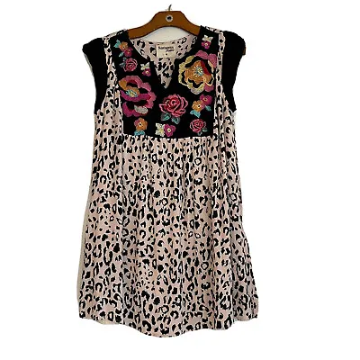 Savanna Jane Boho Floral Embroidered Leopard Print Swing Dress Size M • $21