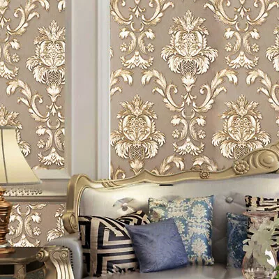 33FT Antique Gold Damask Wallpaper For Living Room 3D Effect Textured Tartan • £10.59