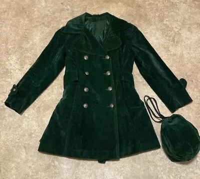Vintage BONDERS Kelly Green Velvet Double Breasted Pea Coat W/ Matching Handbag • $79.99