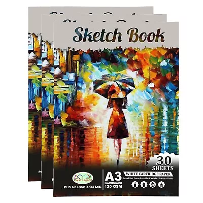 [Set Of 3] A3 Artist Sketch Book 130gsm White Cartridge Paper Drawing Doodling • £9.69