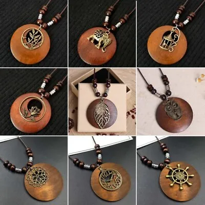 Retro Ethnic Wooden Beads Pendant Necklace Tibetan Long Sweater Chain Jewelry • £3.18